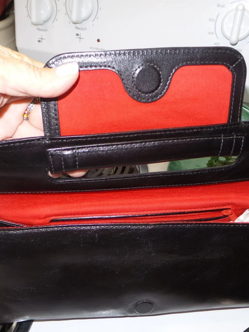 Vintage HOBO International Black Leather Envelope Clutch Red Interior